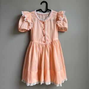 Vintage 1950’s Peach Pink Ruffled Little Girls Party Dress W/ Puff Sleeves Sz 4